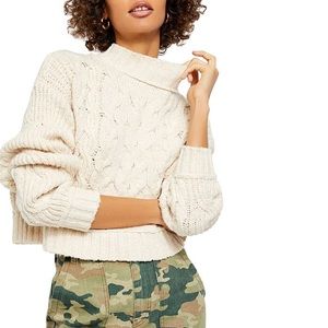 Free People Cream Cable Knit Turtleneck Sweater